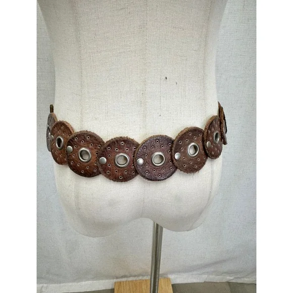 Western boho leather Disc Concho Belt Brown silver grommets SML/MED adjustable - Picture 15 of 16